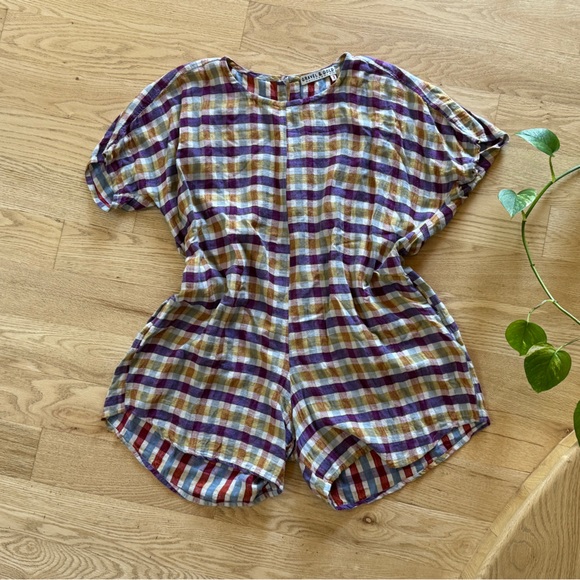 Gravel & Gold Rancho Romper Linen Blend M EUC Rainbow Plaid